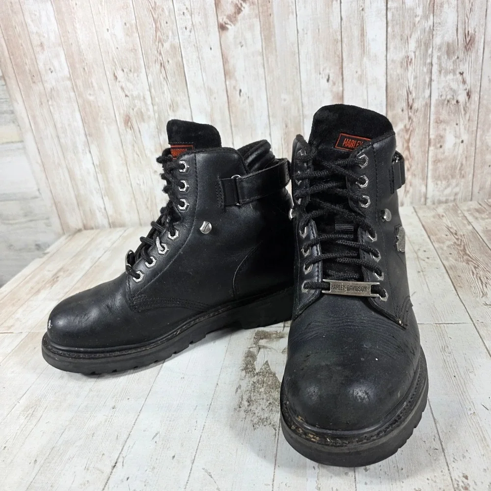 Harley Davidson Mens Black Leather Biker Boots Lace Up Ankle Strap 8.5 Wide Wide
